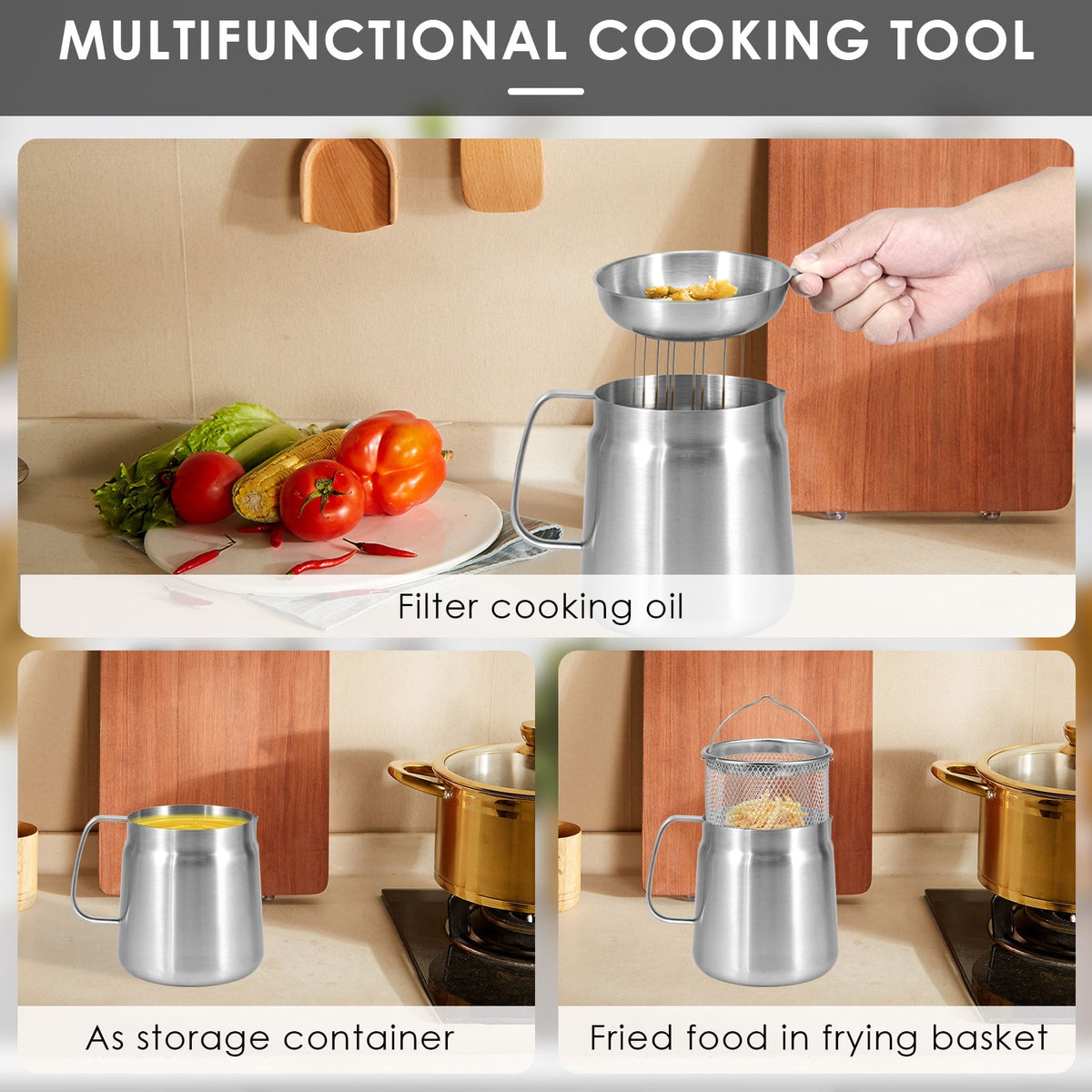 68oz Oil Strainer Pot 304 Stainless Steel Oil Grease Container Can with Filter Lid and Frying Basket Oil Container Can for Storing Frying Cooking Grease