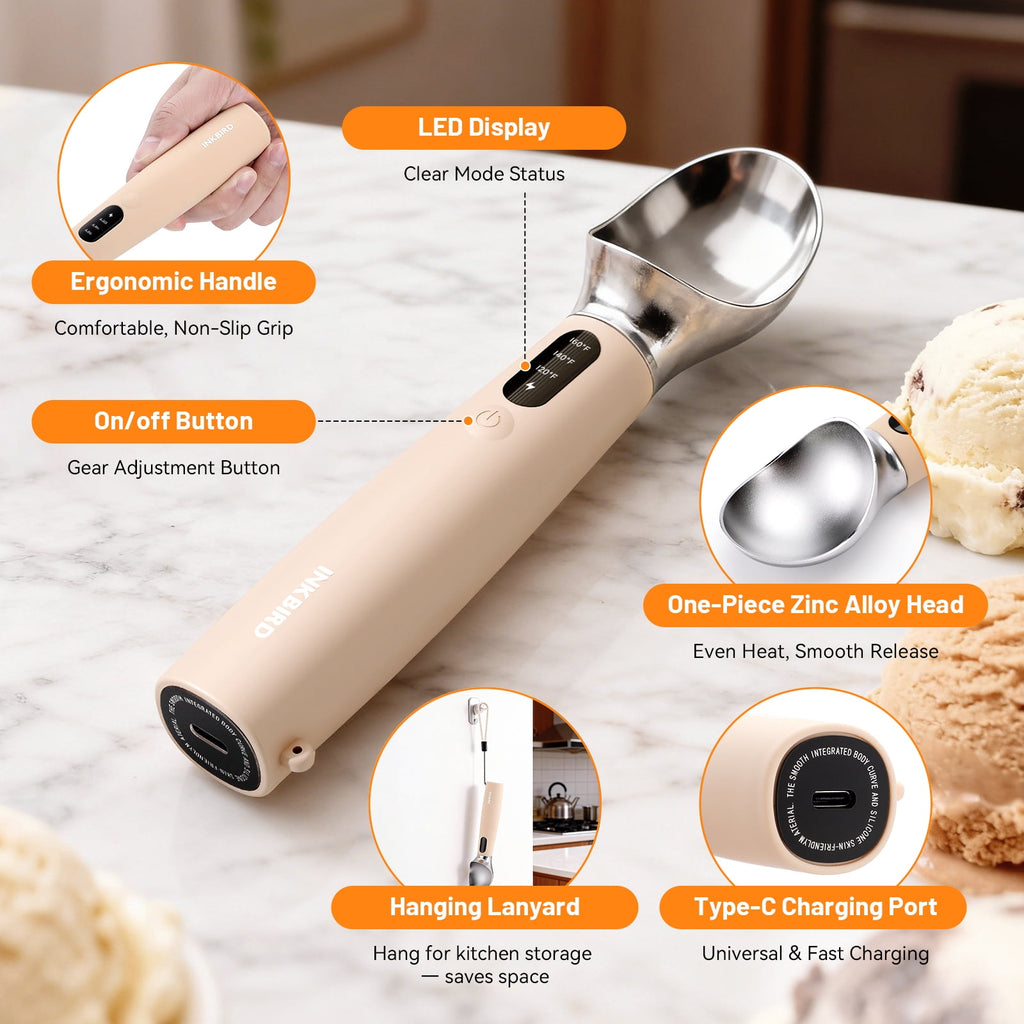Heated Ice Cream Scoop Rapid Heating Food Grade Stainless Steel 3-Level Temperature Control Waterproof, Effortless Scooping for Seniors, Kids & Women