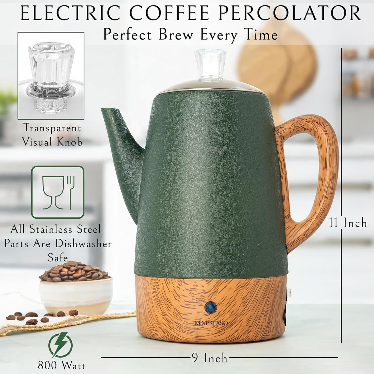 Mixpresso Percolator Coffee Pot Electric 10 Cup, Stainless Steel Coffee Maker, Coffee Percolator Electric With Keep Warm Function, 10 Cups Stainless Steel Perculator With Basket (Shiny Blue)