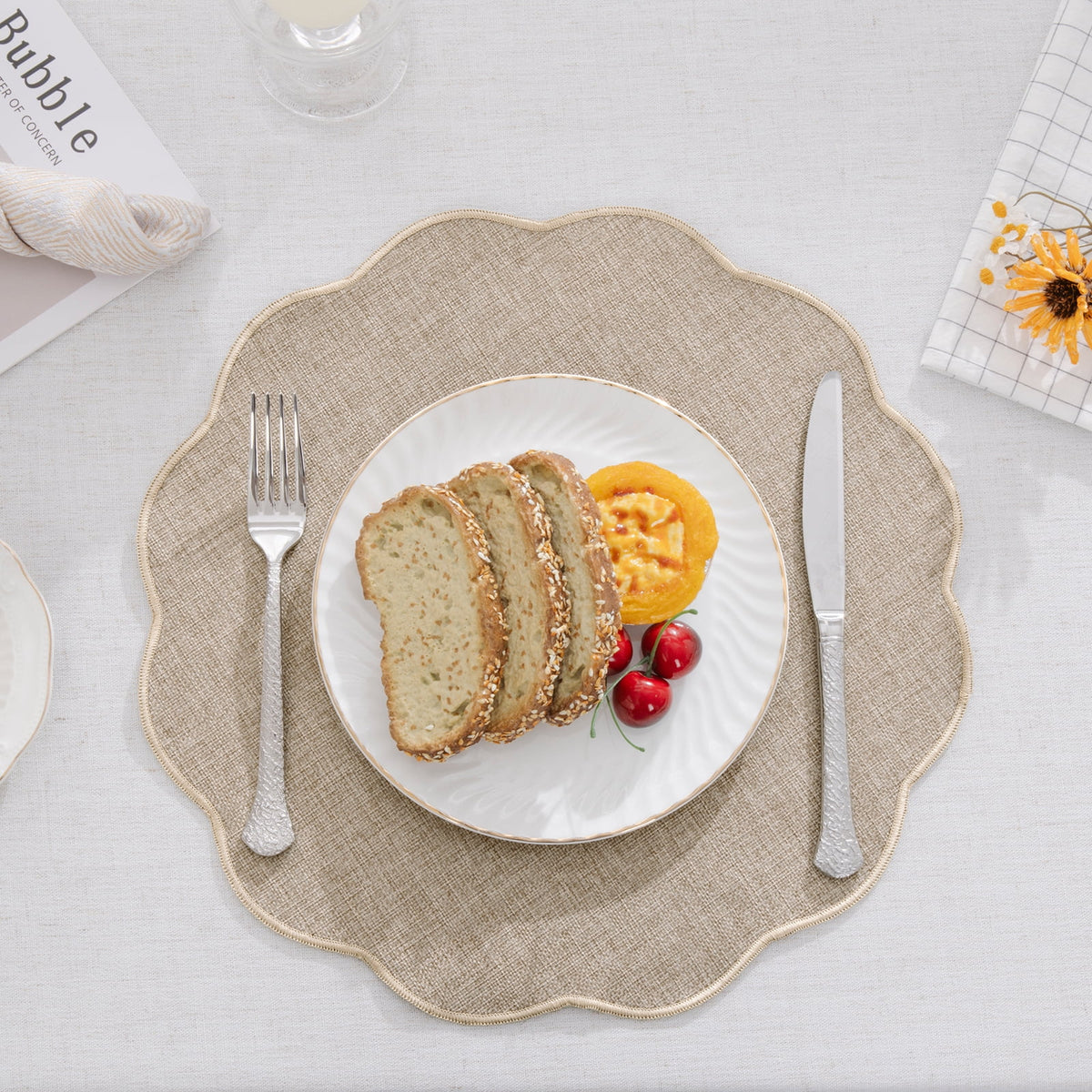 Ileading Scalloped Round Placemats Set of 6 Polyester Linen Blend Washable Non Slip Place Mats Easy Clean Heat Resistant Table Mats for Kitchen Dining Table Decor