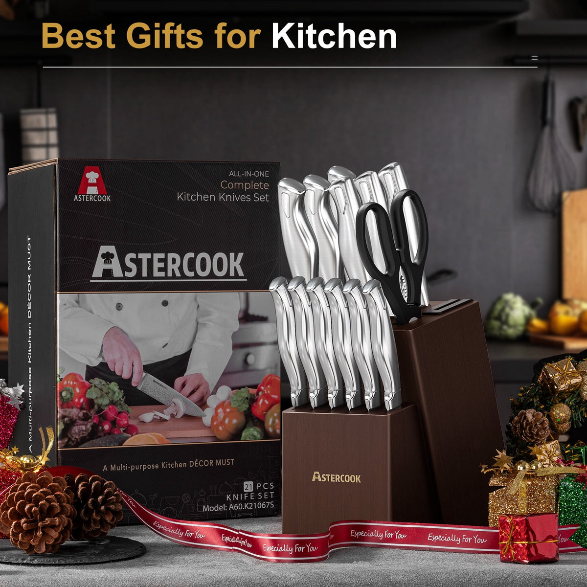 Astercook 14 Piece Kitchen Knife Set with Block and Built-in Sharpener, Full Tang Knives Sets German Stainless Steel, Dishwasher Safe Silver
