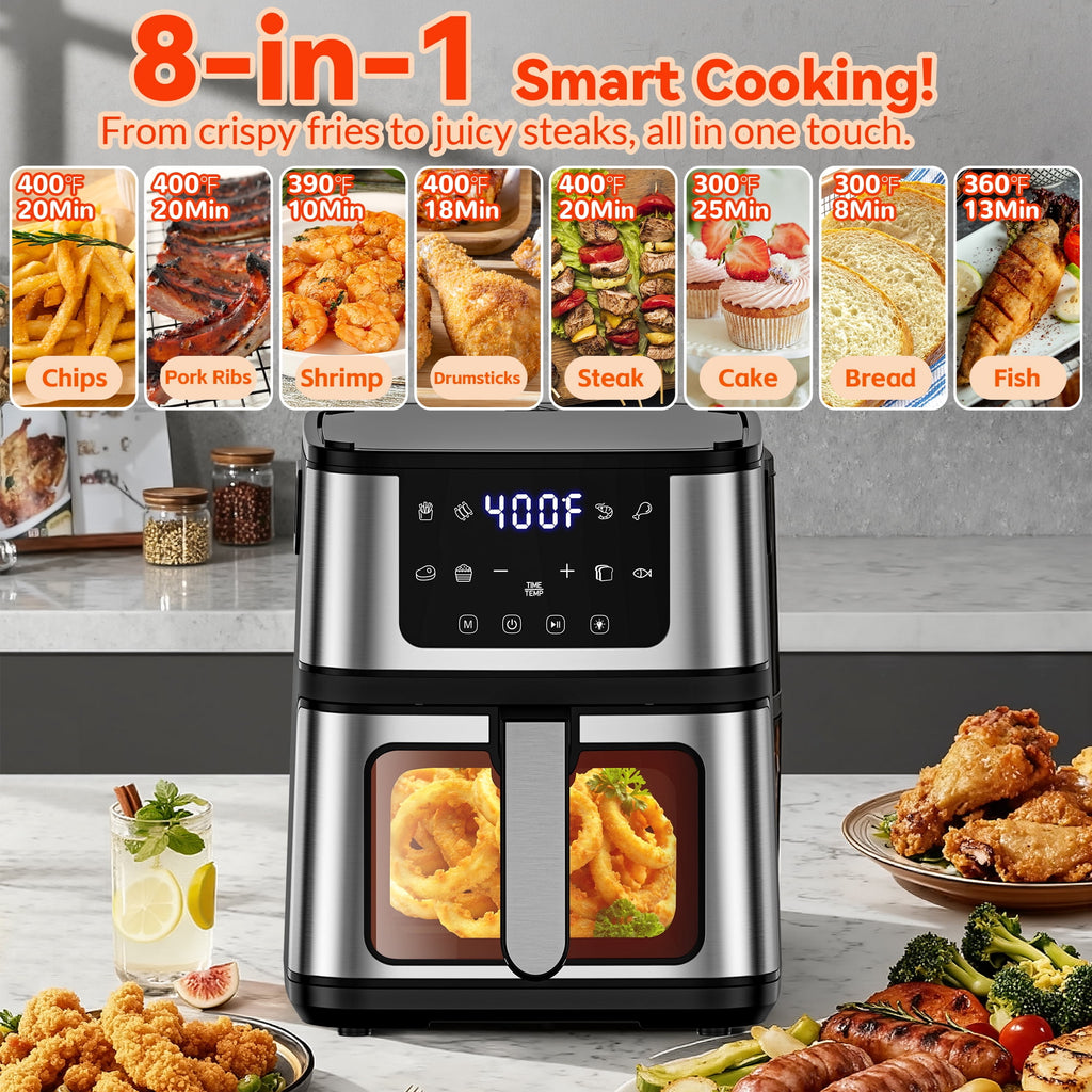 Air Fryer+Grill Plate, 7.5 Quart 8-in-1 Dual Mode Air Fryer with Window, 120-Min Timer, Max 400°F, Auto Shut Off & Nonstick Dishwasher Safe Basket, Touchscreen Controls, Easy Meals, Black