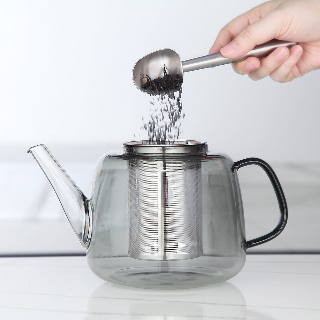 Easyworkz Borosilicate Glass Teapot 50oz with Large Stainless Steel Removable Loose Tea Infuser for Fruit Herbal and Infusion, Smoke Grey