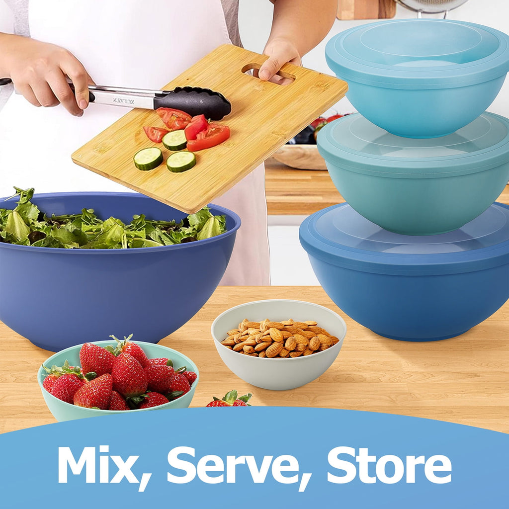 Vesteel 6Pcs Mixing Bowl Set with Lids, Plastic Nesting Bowls for Mixing, Storage, Kitchen Prepping, Serving Food, Microwave & Dishwasher Safe - Multi-color