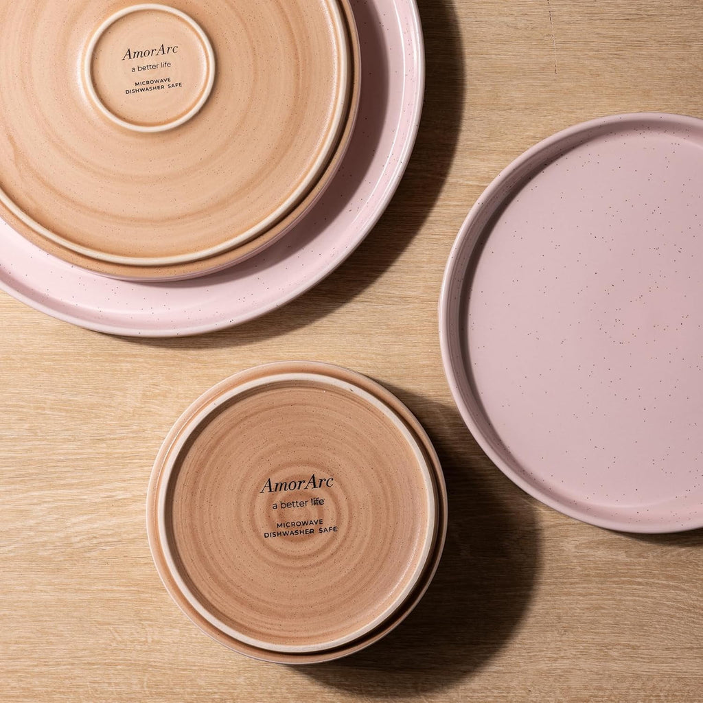 AmorArc Ceramic Dinnerware Set for 4 | Speckled Stoneware Plates and Bowls with unglazed terracotta | Scratch Resistant, Dishwasher & Microwave Safe Dishes Sets- 12-Pcs Pink