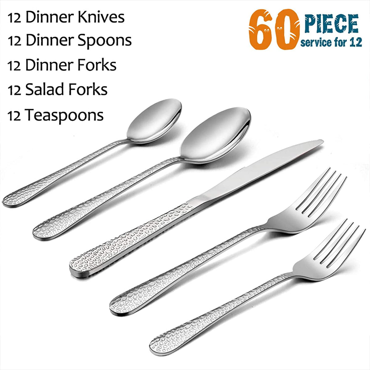 Vesteel Hammered Silverware Set, 40-Piece Stainless Steel Flatware Cutlery Set for 8, Includes Knives, Forks, Spoons, Mirror Polished & Dishwasher Safe