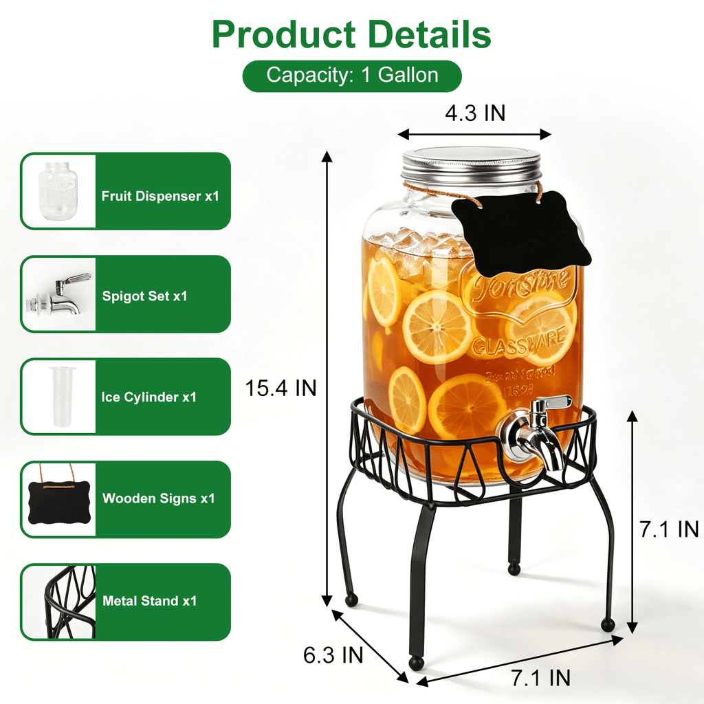 1 Gallon Glass Drink Dispensers for Parties, TAIMASI 2 Pack Beverage Dispenser with Stand & Stainless Steel Spigot, Leakproof Lemonade Drink Dispenser for Sun Tea, Homemade Juice