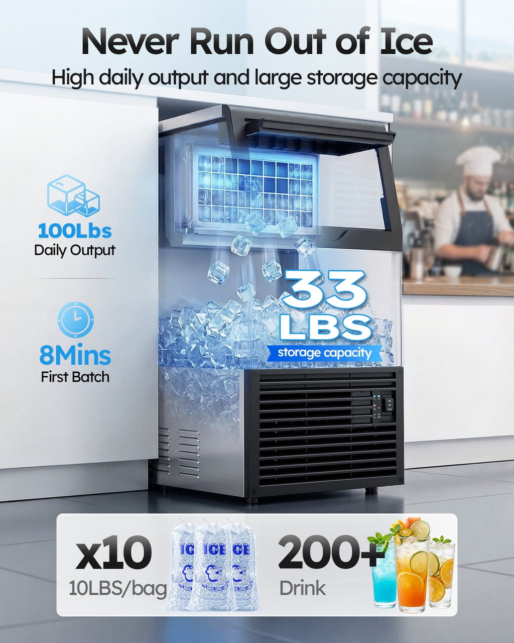 Ecojoy Commercial Ice Maker Machine, 150 Lbs/Day Stainless Steel Under Counter Ice Maker, 40Lbs Ice Storage Bin, Water Filter, 45 Cubes in 8-12 Mins