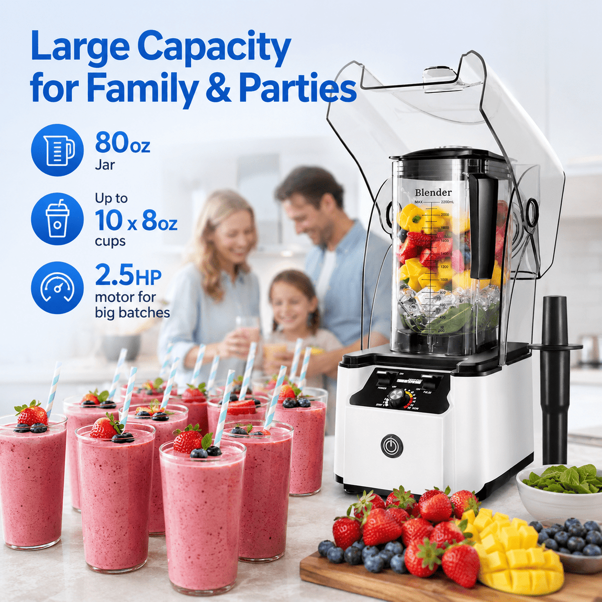 WantJoin Blender-Commercial Blender with Soundproof Shield, Enclosure 2200W ,Quiet Professional-Grade Power,Self-Cleaning,Gray