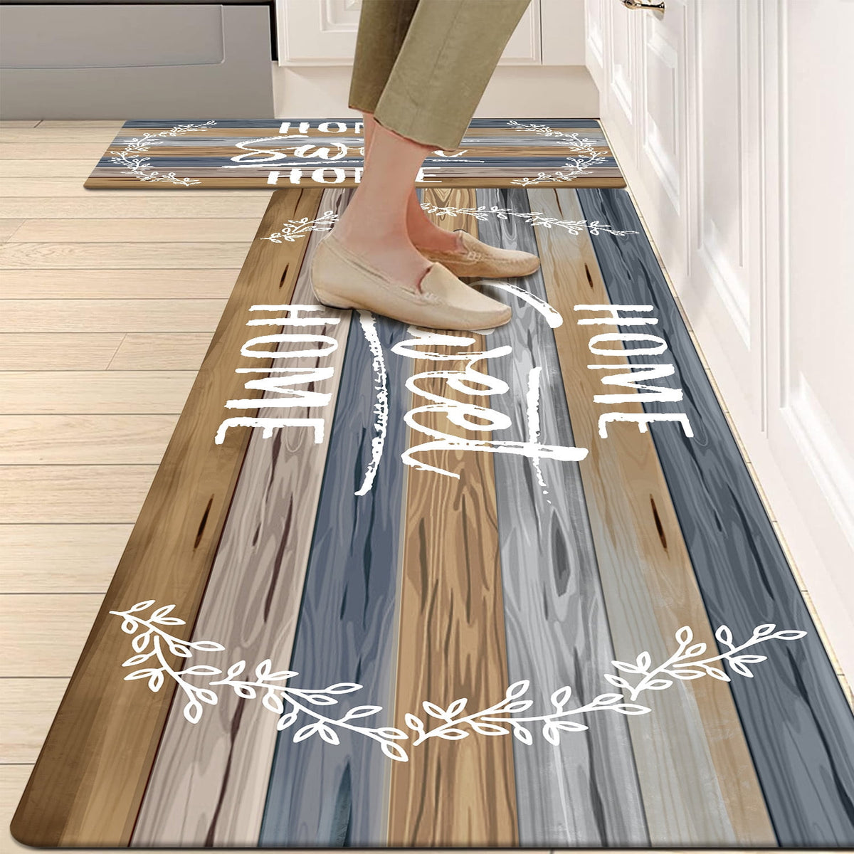 Findosom 2pcs Anti Fatigue Kitchen Rug Set,18"x30"+18"x47" Waterproof Non Slip Kitchen Runner Rug,0.4" Thick Cushioned Kitchen Floor Mats,Ergonomic Standing Mats Back Pain Relief Laundry Foam Rug