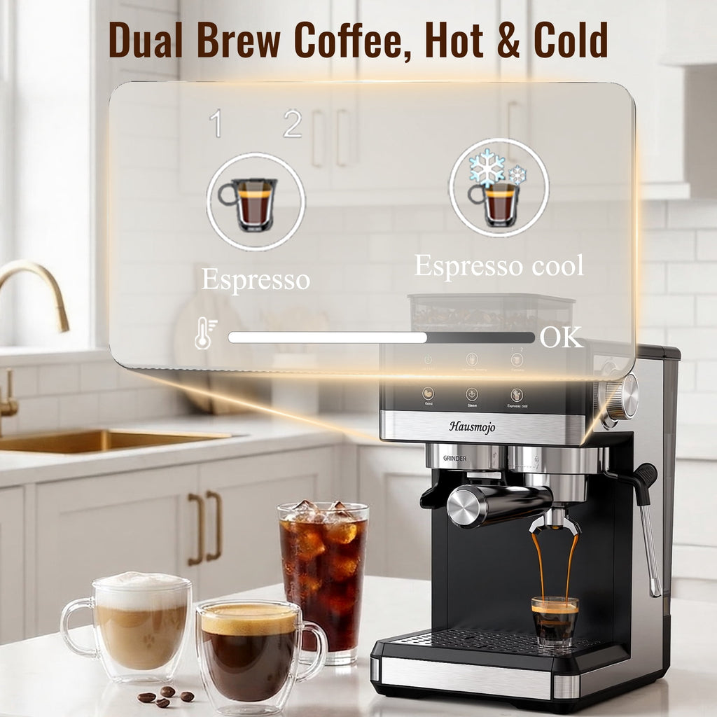 Hausmojo M5520 Espresso Machine with Grinder & Milk Frother , 20 Bar Semi-Automatic Cappuccino Latte Maker for Home