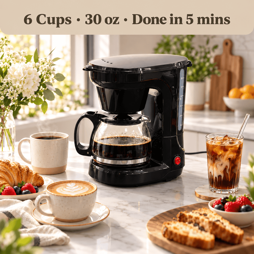 Coffee Maker, 6-Cup Drip Coffee Maker with Glass Carafe, Reusable Filter, Pause and Serve, Keep Warm, Black