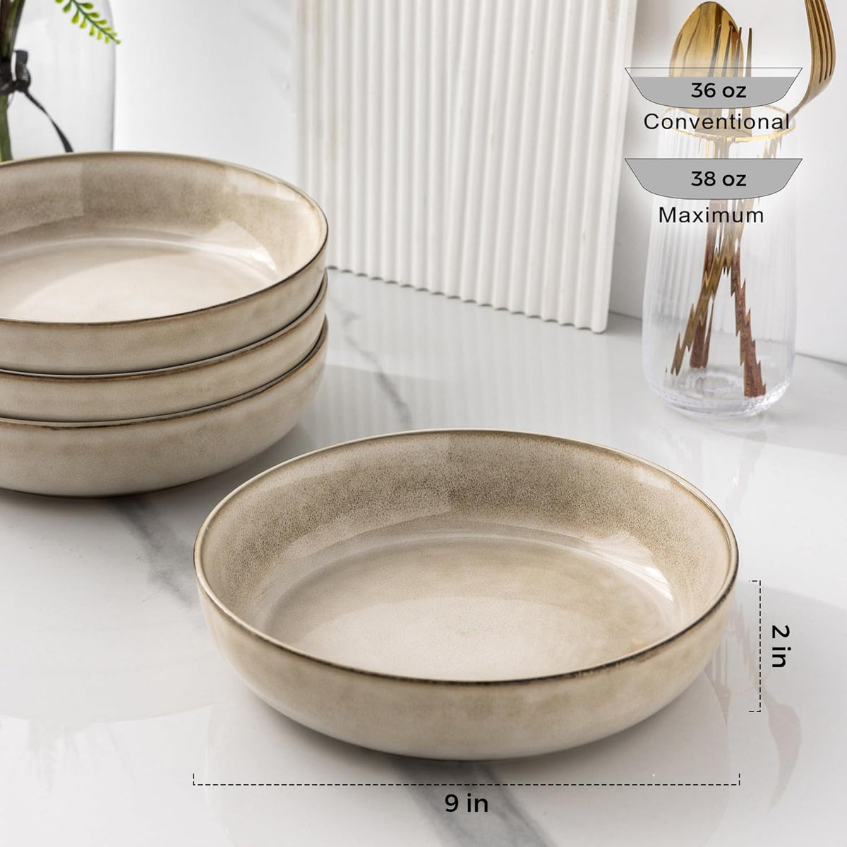 AmorArc 8.75'' Large Ceramic Pasta Bowls, 38oz Stoneware Pasta Serving Bowls Set of 4 for Kitchen, Wide Bowls for Fruit,Pasta,Salad,Oatmeal,Meal, Microwave Safe, Reactive Glaze-Space Blue