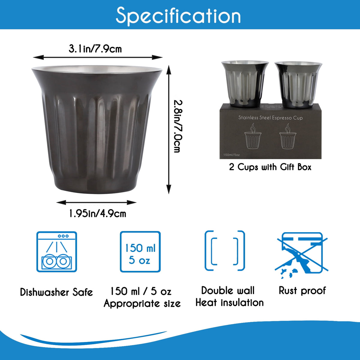 Easyworkz Stainless Steel Espresso Cup 2pcs-Set Double Wall Insulated Demitasse Cups, 2.5 oz Chrome