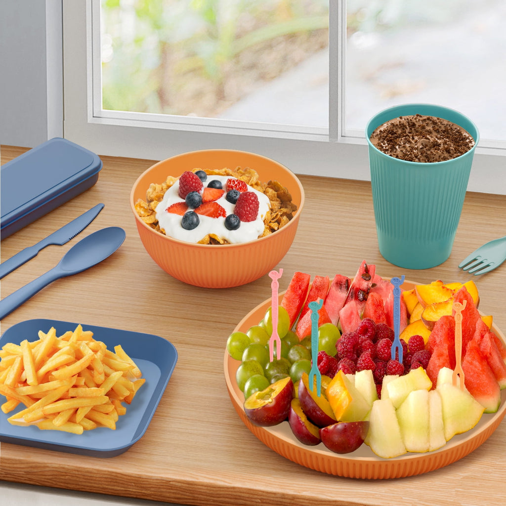 TINANA Wheat Straw Dinnerware Set, Service for 4, 36 PCS Unbreakable Plastic Plates and Bowls Sets, Dishwasher Microwave Safe - Multi Color