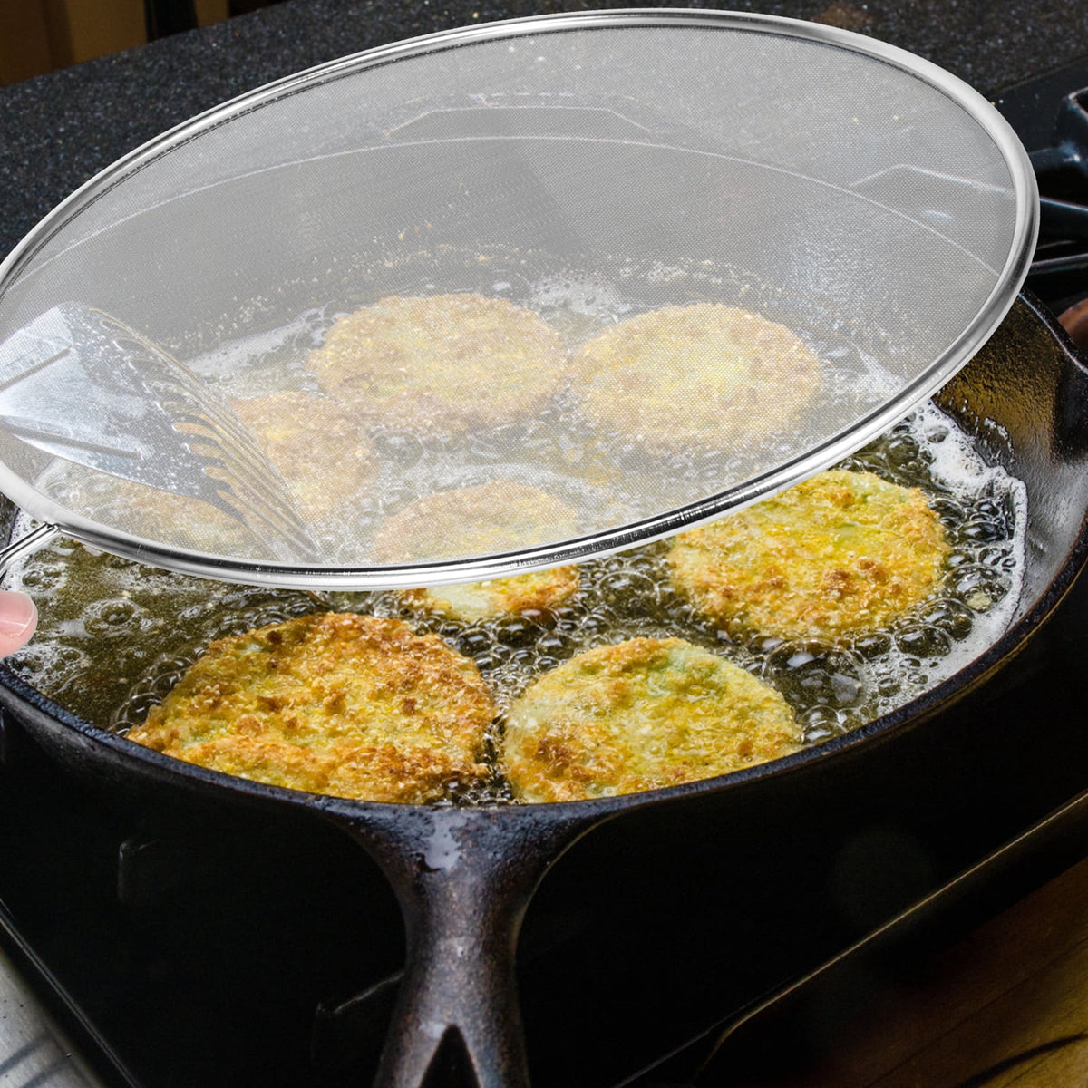 3 Piece Stainless Steel Fine Mesh Splatter Screen Set, 13", 11.4", 9.8" Splatter Screen for Frying Pan, Grease Splatter Guard with Heat-Resistant Handles