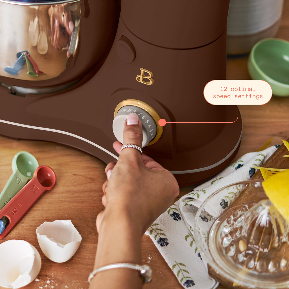 Beautiful 3.5 Qt Stand Mixer with Flat Beater, Dough Hook, Balloon Whisk, Chocolate by Drew Barrymore
