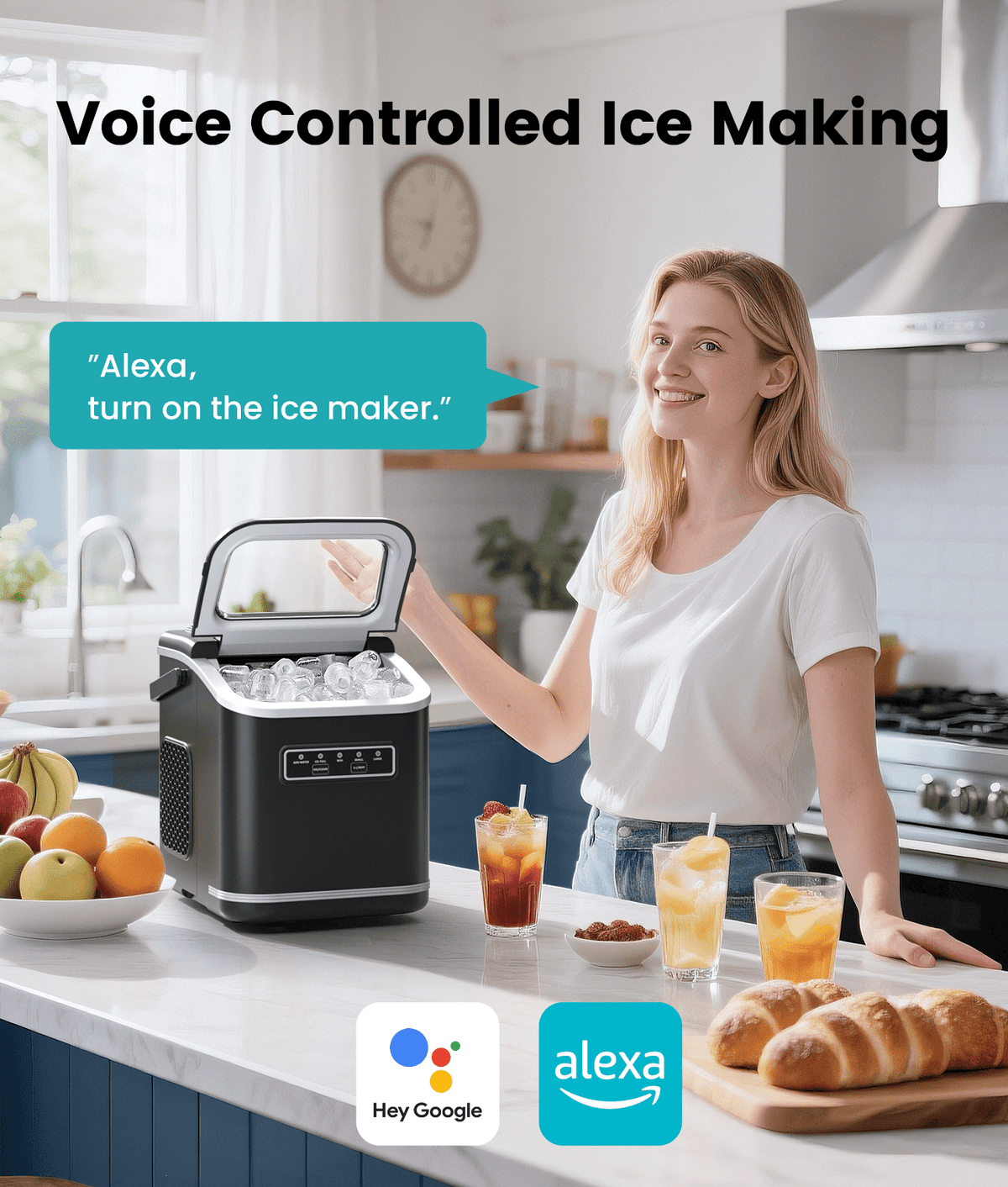 Ecozy Chillio Countertop Ice Maker, Smart Ice Machine with Full-Color Display Panel and Built-in Lighting, Produces 26lbs/24H, Dual-Layer Insulation
