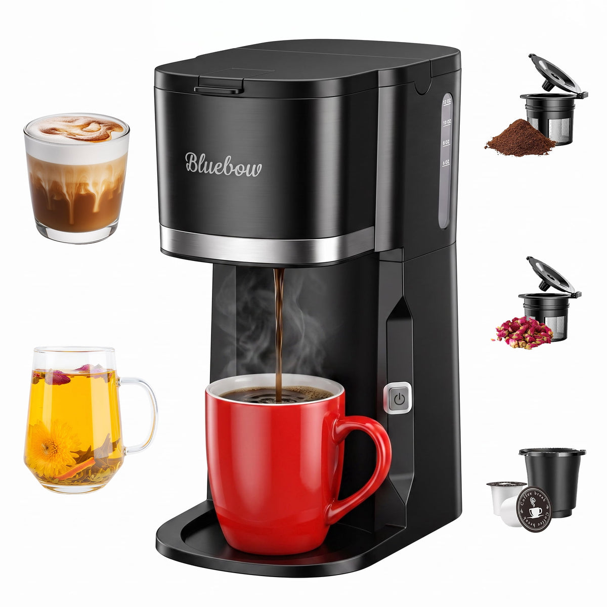 3 in 1 Single Serve Coffee Maker, Instant Coffee Maker One Cup for K Cup & Ground Coffee & Tea, Capsule Coffee Machine with 6-12oz Brew Size Reservoir, Fast Brewing and One Button, Black