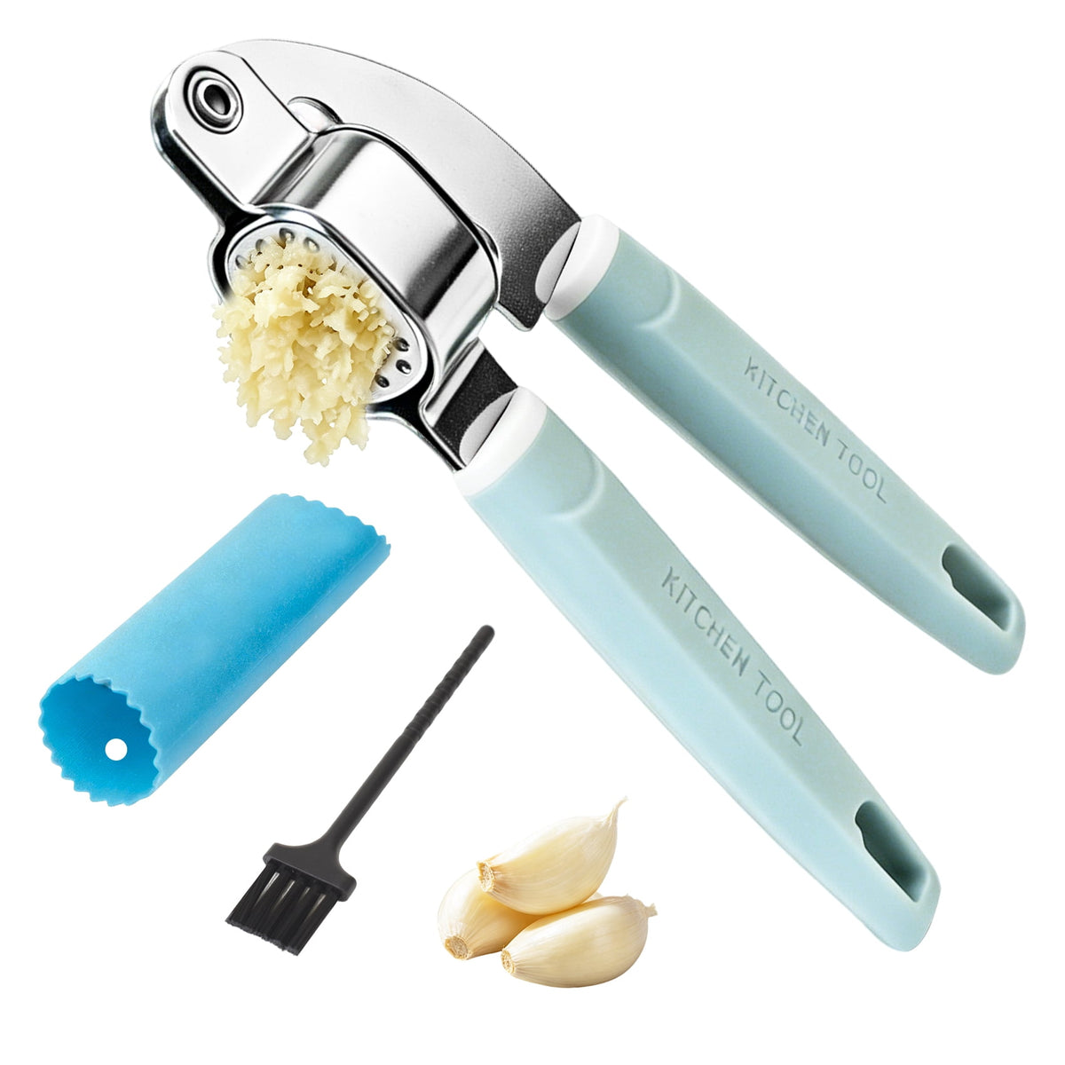 3-Piece Garlic Press Set with Silicone Peeler & Cleaning Brush, Stainless Steel Mincer for Garlic and Ginger, Easy Squeeze Kitchen Tool