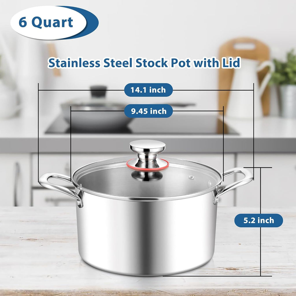 Coliware 8 QT Stainless Steel Stock Pot with Glass Lid, Cooking Soup Pot with 3-Ply Whole Clad for