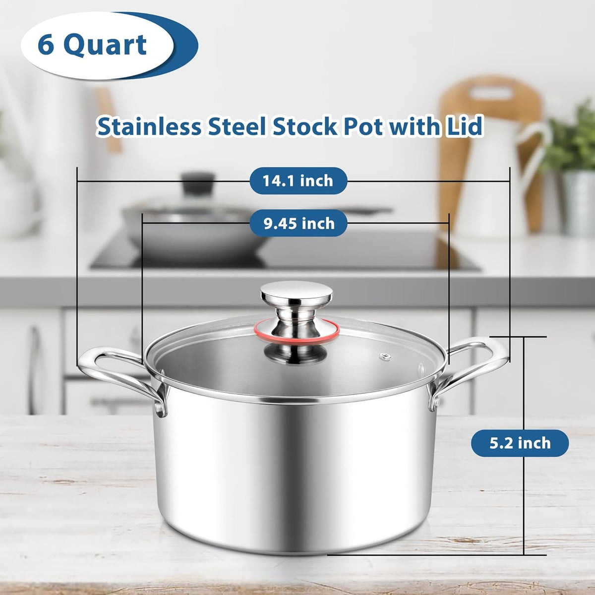 Coliware 8 QT Stainless Steel Stock Pot with Glass Lid, Cooking Soup Pot with 3-Ply Whole Clad for