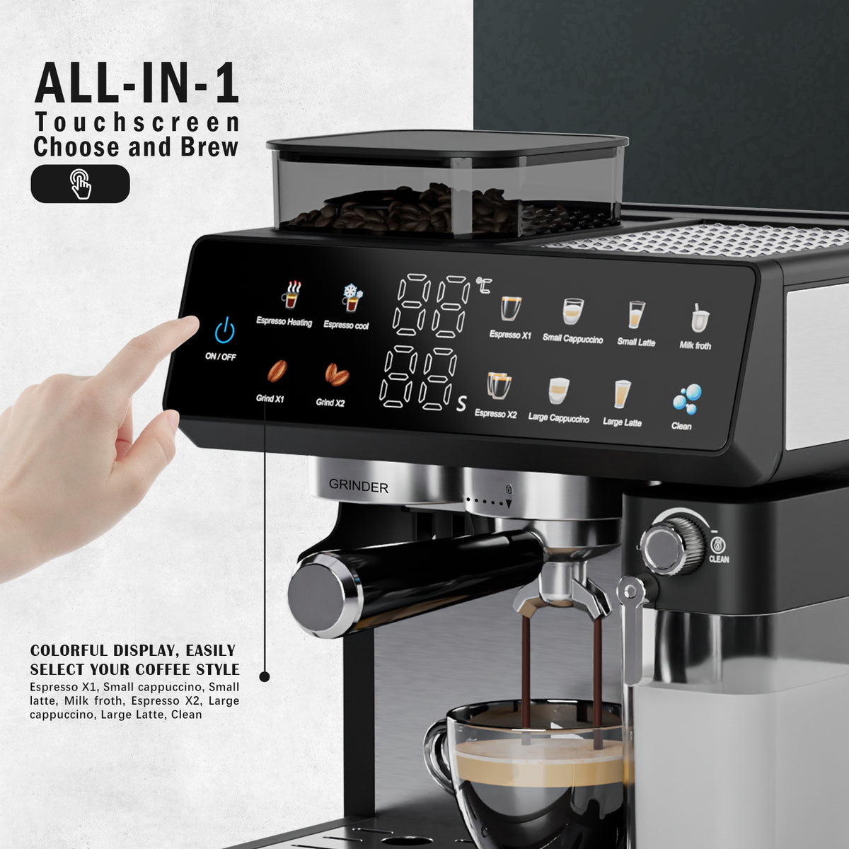 Bluebow All-in-One Espresso Machine with Grinder, 20-Bar Automatic Coffee Maker, Built-in Milk Frother for Latte & Cappuccino, Single/Double Shot