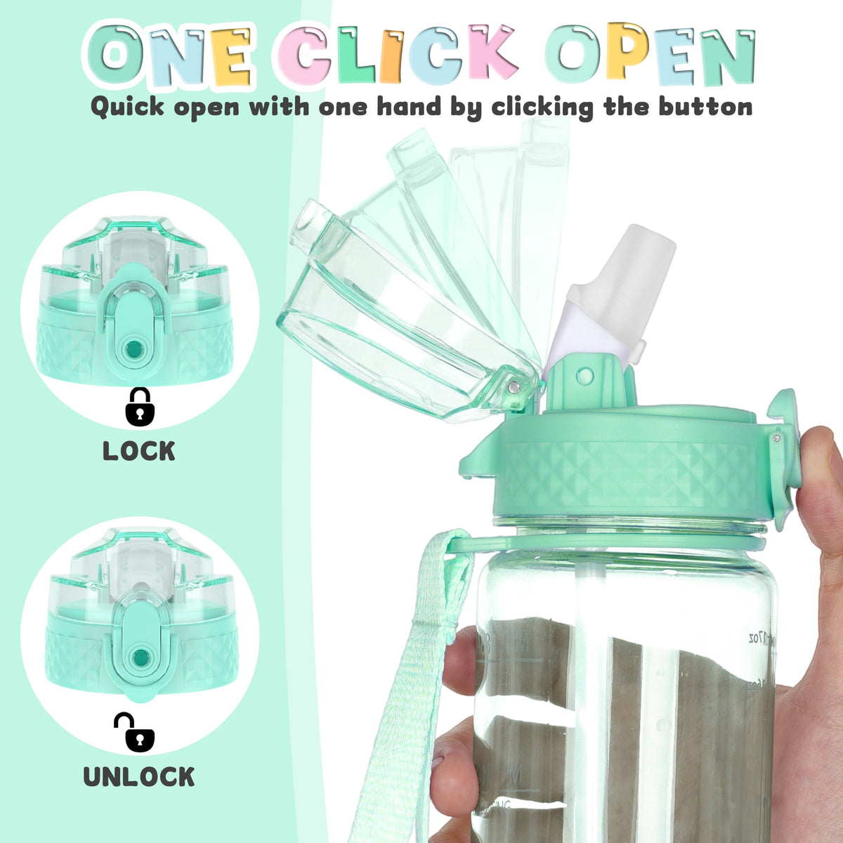 Oldley Transparent Tritan Kids Bottle – 17oz Straw Water Bottle with One-Hand Open Button, Lockable Leak-Proof Lid, Ideal for Daily Hydration