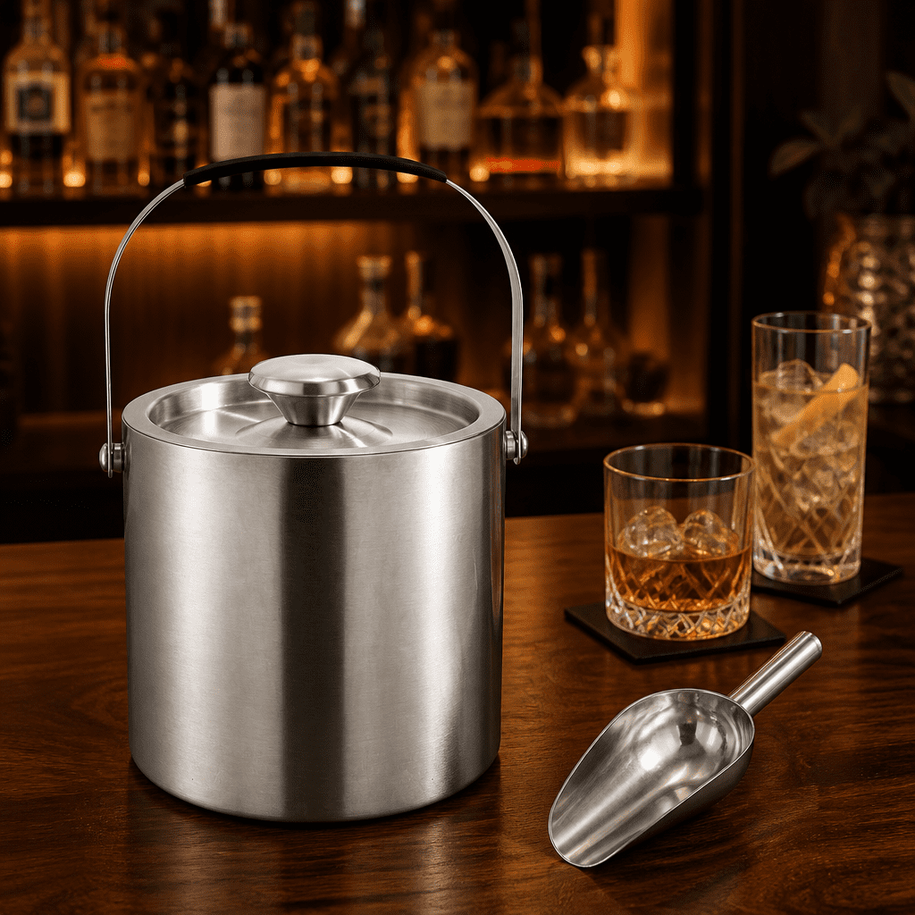 304 Stainless Steel Ice Bucket, 3L, Double Wall Insulated, with Lid, Carrying Handle and Ice Scoop, for Bar, Party, Outdoor