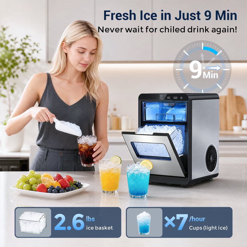 Snowyermine Nugget Ice Maker Countertop, 44 lbs per Day, Soft, Chewable Sonic-Style Pebble Ice, One-Touch Self-Cleaning, Stainless Steel, Black, for Home, Kitchen, Office, RV and Camping