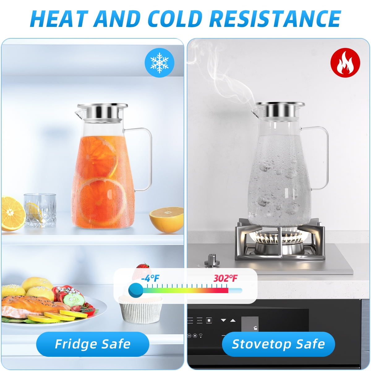 64 oz Water Pitcher with Lid and Spout, 1.8L Heat & Cold Resistant Glass Water Carafe with Handle, Easy to Clean Thickened Borosilicate Glass Jug for Cold and Hot Beverage