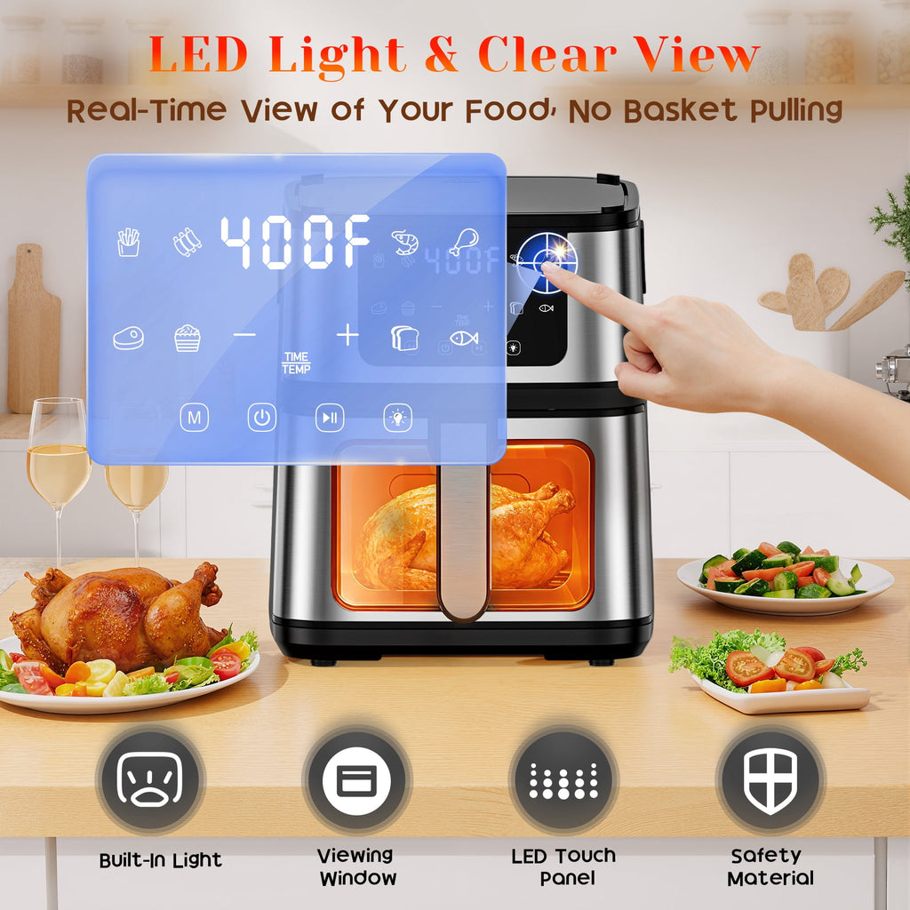 7.5QT XL Air Fryer with Flip-Over Grill, 8 Cooking Presets, Internal Light, 160-400°F, Auto Shutoff, Dishwasher Safe, 100 Paper Liners Included for Easy Cleanup