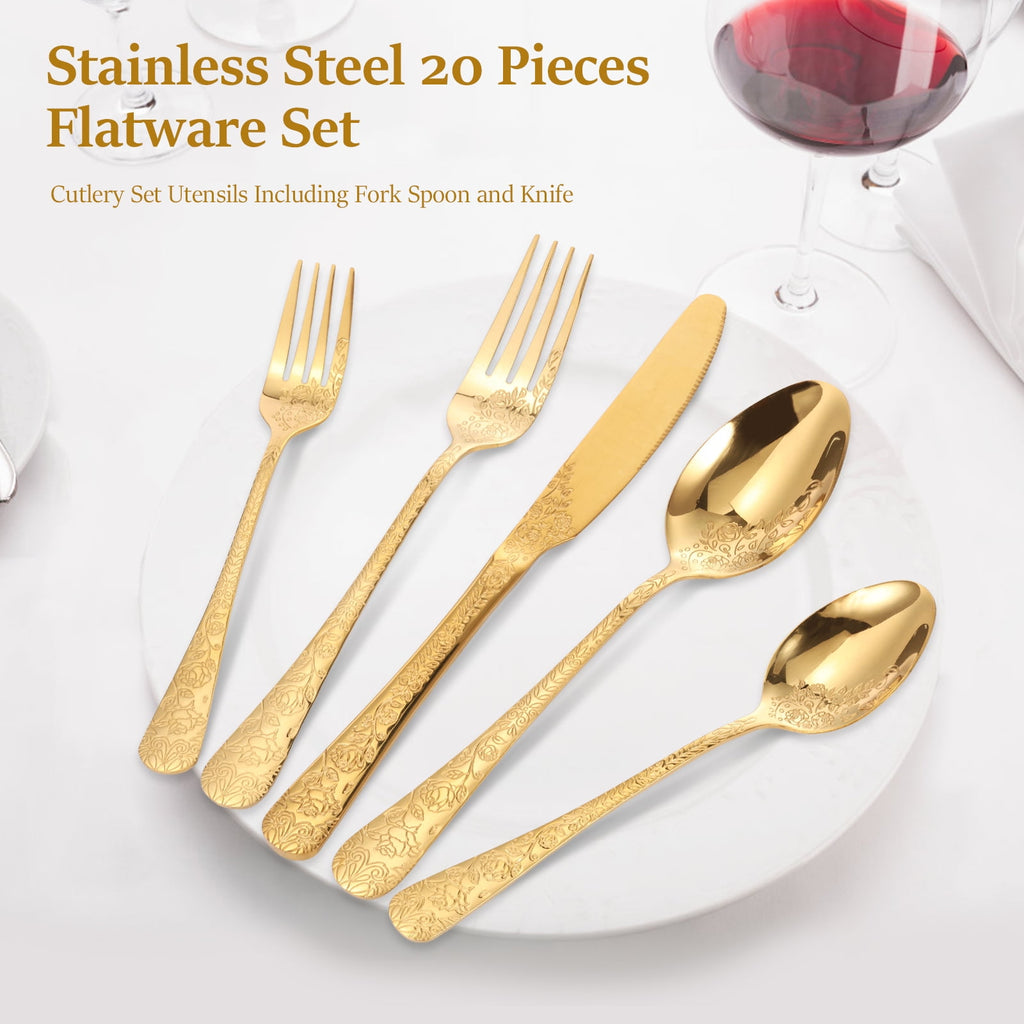 20 Pcs Floral Silverware Set Including Fork Spoon and Knife Stainless Steel Flatware Set Vintage Cutlery Set Mirror Polished Utensil Set for Kitchen Dishwasher Safe Service for 4