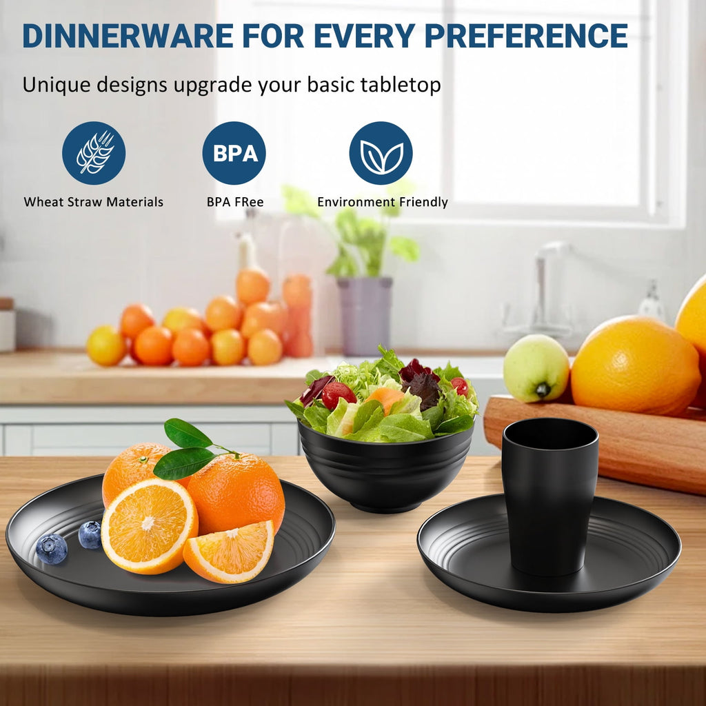 TINANA Wheat Straw Dinnerware Sets, Service for 8, 32 PCS Unbreakable Dinnerware,Microwave Dishwasher Safe - Black