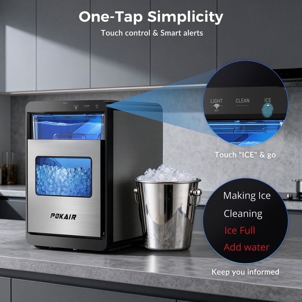POKAIR Smart Nugget Ice Maker Countertop, Wi-Fi App Controlled Portable Ice Maker 44lbs/Day, Soft Chewable Pebble Ice in 9 Minutes, Self-Cleaning, Stainless Steel Ice Machine for Home & RVs