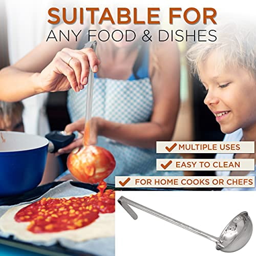 [2 Pack] 6 Oz Stainless Steel Soup Ladle - One-Piece Sauce Spatula with Hook Handles, Commercial Grade Serving Spoon, Kitchen Tool for Restaurant or Home Cooking, Mirror Finish, 14.25" Long