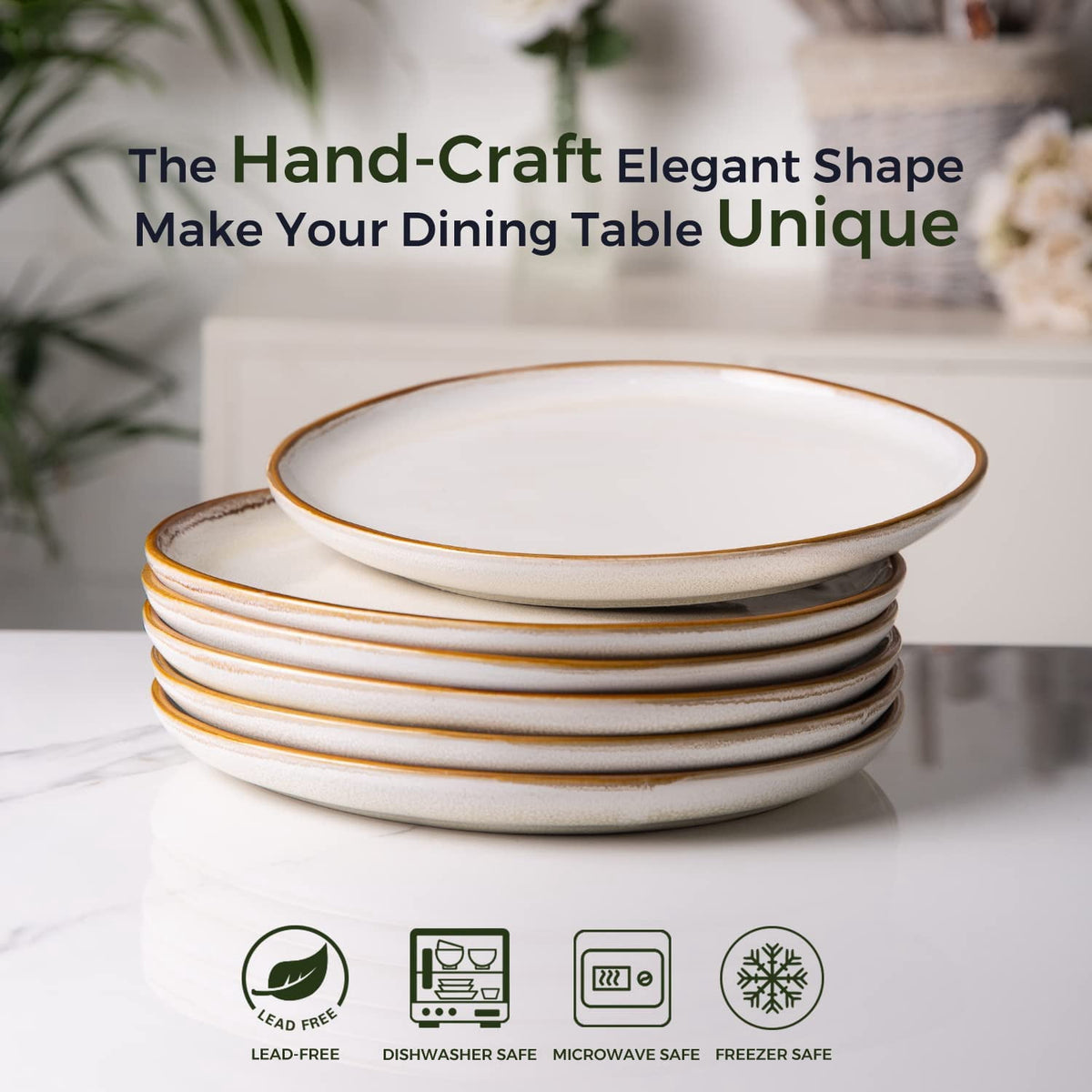 AmorArc Ceramic Plates Set of 6, 8.5 Inch Handmade Reactive Glaze Stoneware Plates set for Dessert, Salad, Appetizer, Dinner, Microwave & Dishwasher Safe, Scratch Resistant-Pearl White