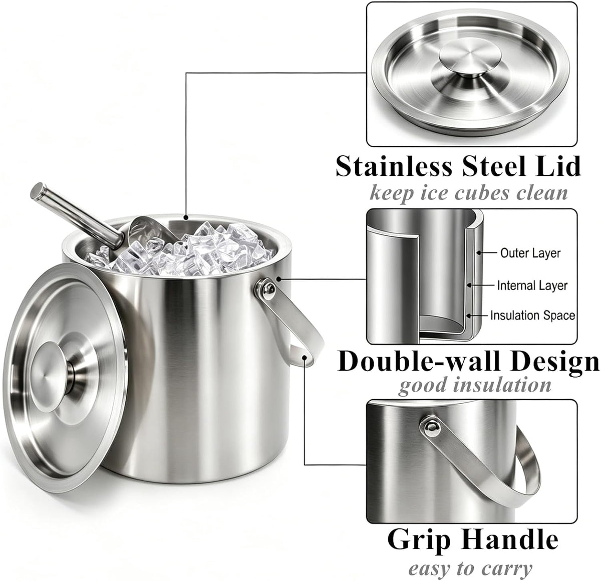 304 Stainless Steel Ice Bucket, 3L, Double Wall Insulated, with Lid, Carrying Handle and Ice Scoop, for Bar, Party, Outdoor