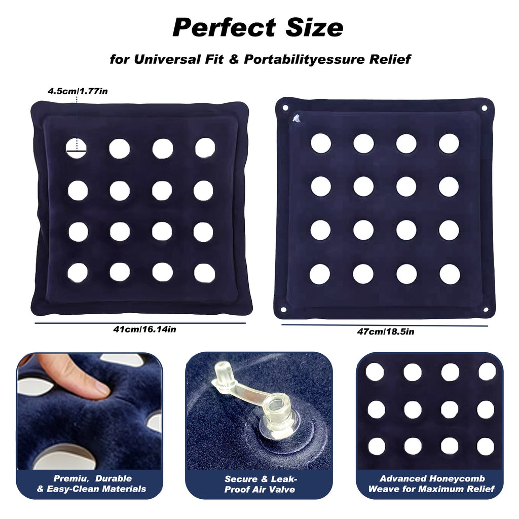 2 Pack Inflatable Seat Cushions,Pressure Relief 16 hole breathable Cushion,for Office Chairs,Car Seats,Wheelchair waterproof Cushions,with Air Pumps,Portable and Comfortable（Flocked Navy+PVC Beige)