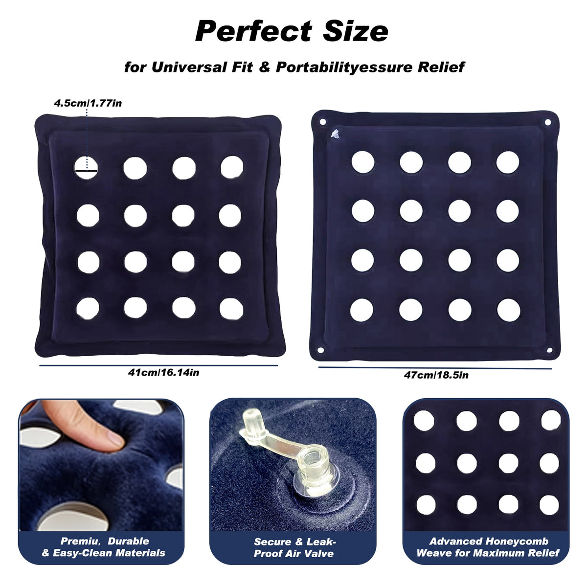 2 Pack Inflatable Seat Cushions,Pressure Relief 16 hole breathable Cushion,for Office Chairs,Car Seats,Wheelchair waterproof Cushions,with Air Pumps,Portable and Comfortable（Flocked Navy+PVC Beige)