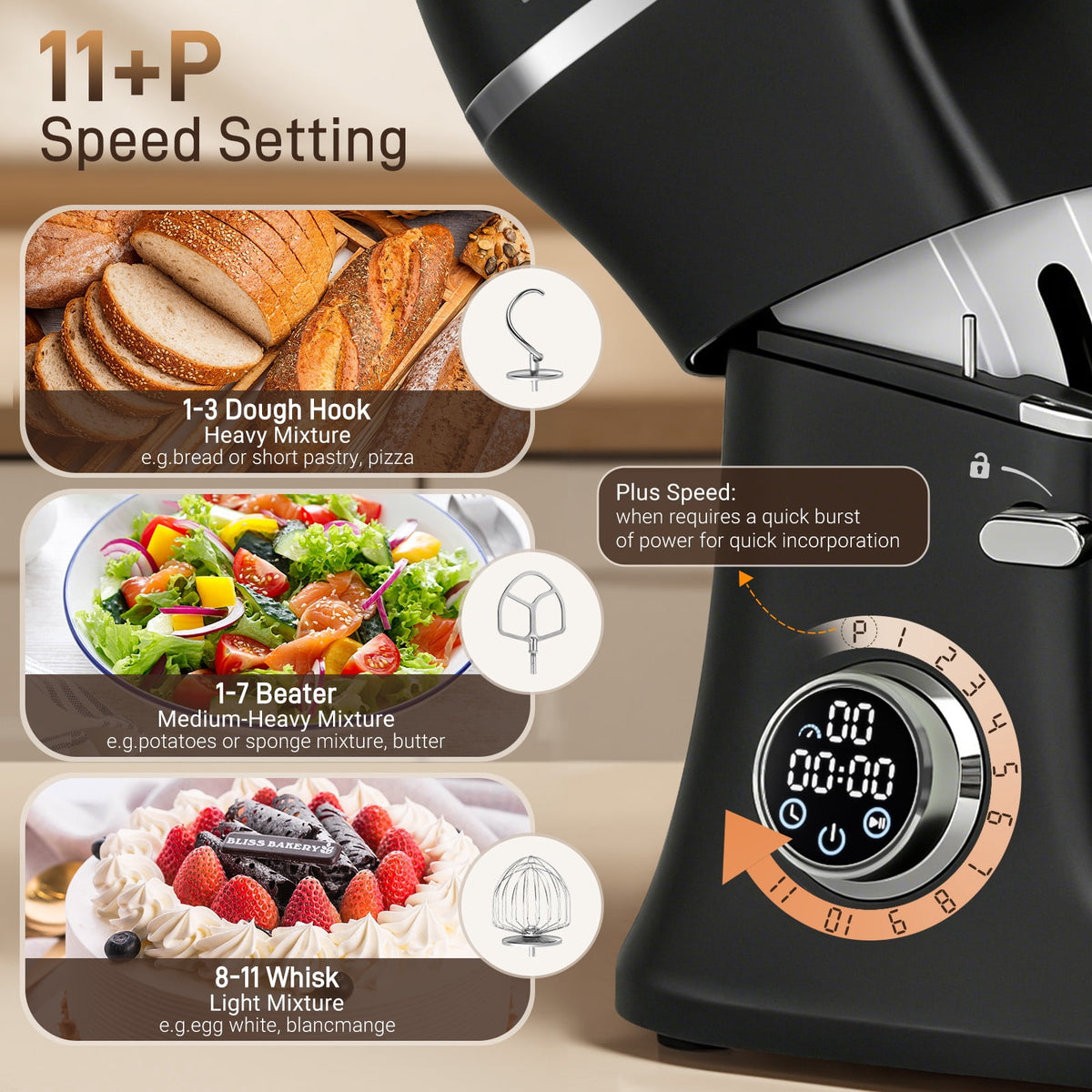 7QT Stand Mixer Aluminum Die Casting,650W 11 Speed Tilt-Head Kitchen Electric Stand Mixer, Household Food Mixer with Stainless Steel Bowl, Dough Hook, Whisk and Beater,Food Mixer for Baking, Cake