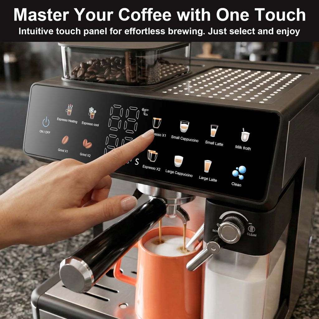 Bluebow 20-Bar Espresso Machine with Grinder and Milk Frother, All-in-One Automatic Coffee Maker for Latte Cappuccino, Home&Office