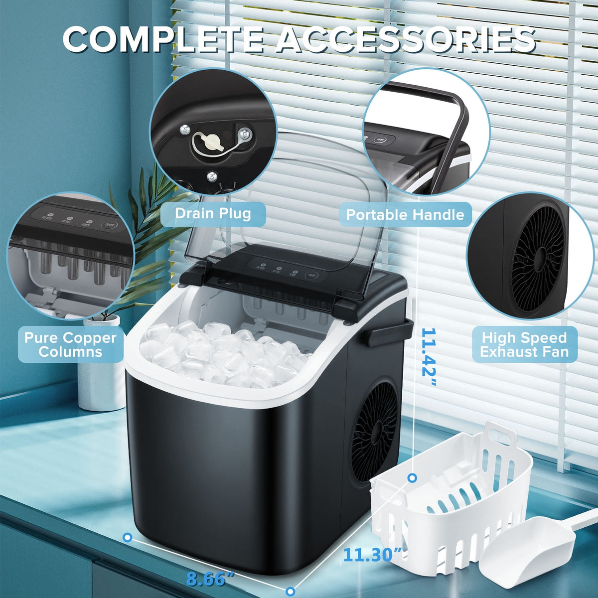 Havato Countertop Ice Maker, 8 Bullet Ice Cubes in 6 Mins, 26lbs/24H, w/ Scoop & Basket, White