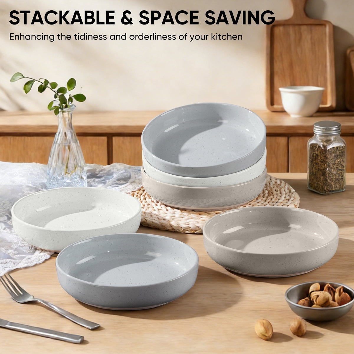 Vesteel Pasta Bowls Set of 6, 32oz Large Salad Bowl for Home Kitchen, Ceramic Serving Plates for Soup, Cereal, Fruits, Microwave & Dishwasher Safe, Speckled White