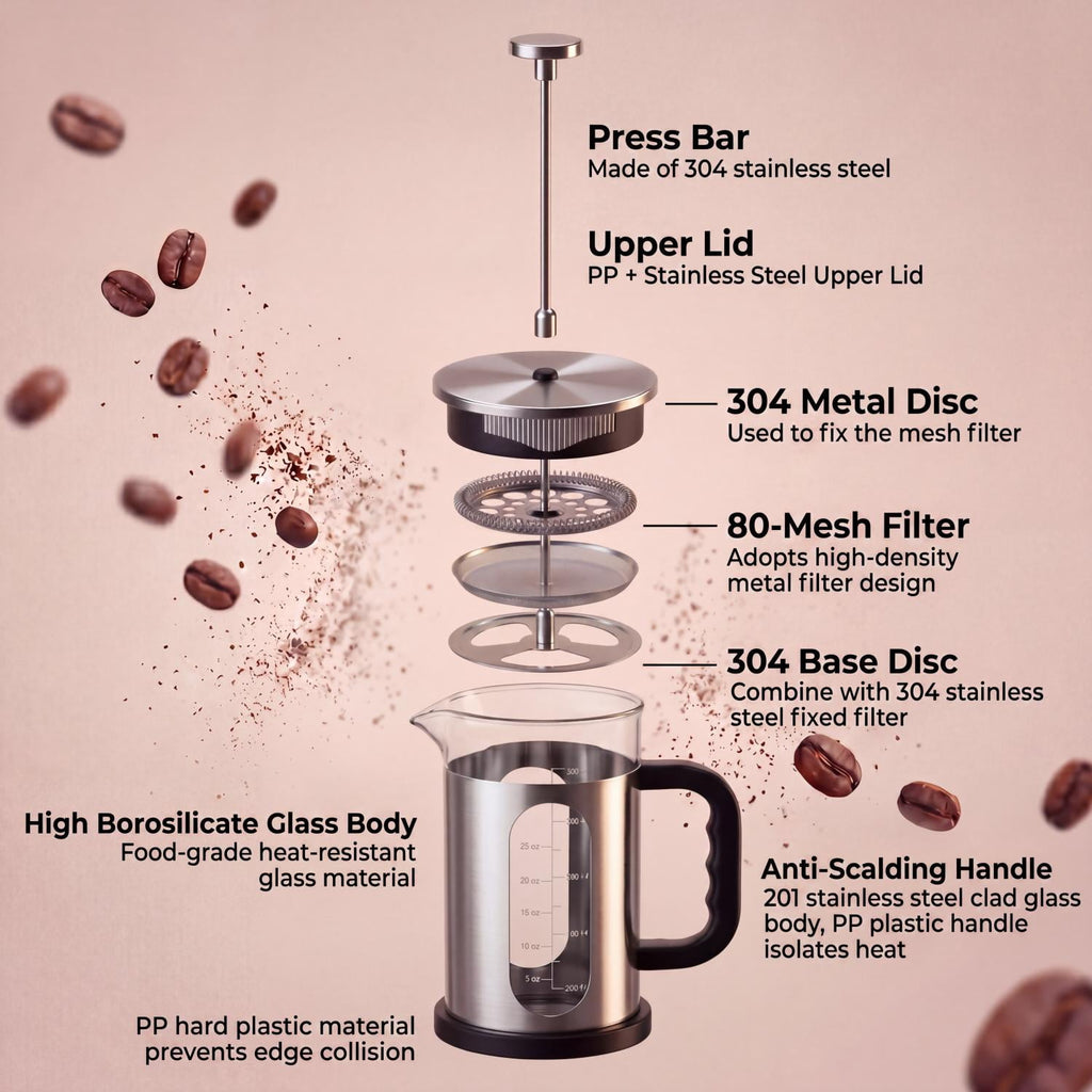Glass French Press Coffee Maker, 304 Stainless Steel Heat Resistant Durable, Borosilicate Glass Coffee Press, 34oz