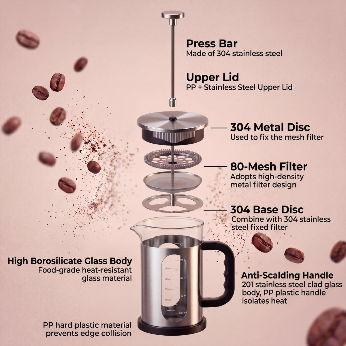 Glass French Press Coffee Maker, 304 Stainless Steel Heat Resistant Durable, Borosilicate Glass Coffee Press, 34oz