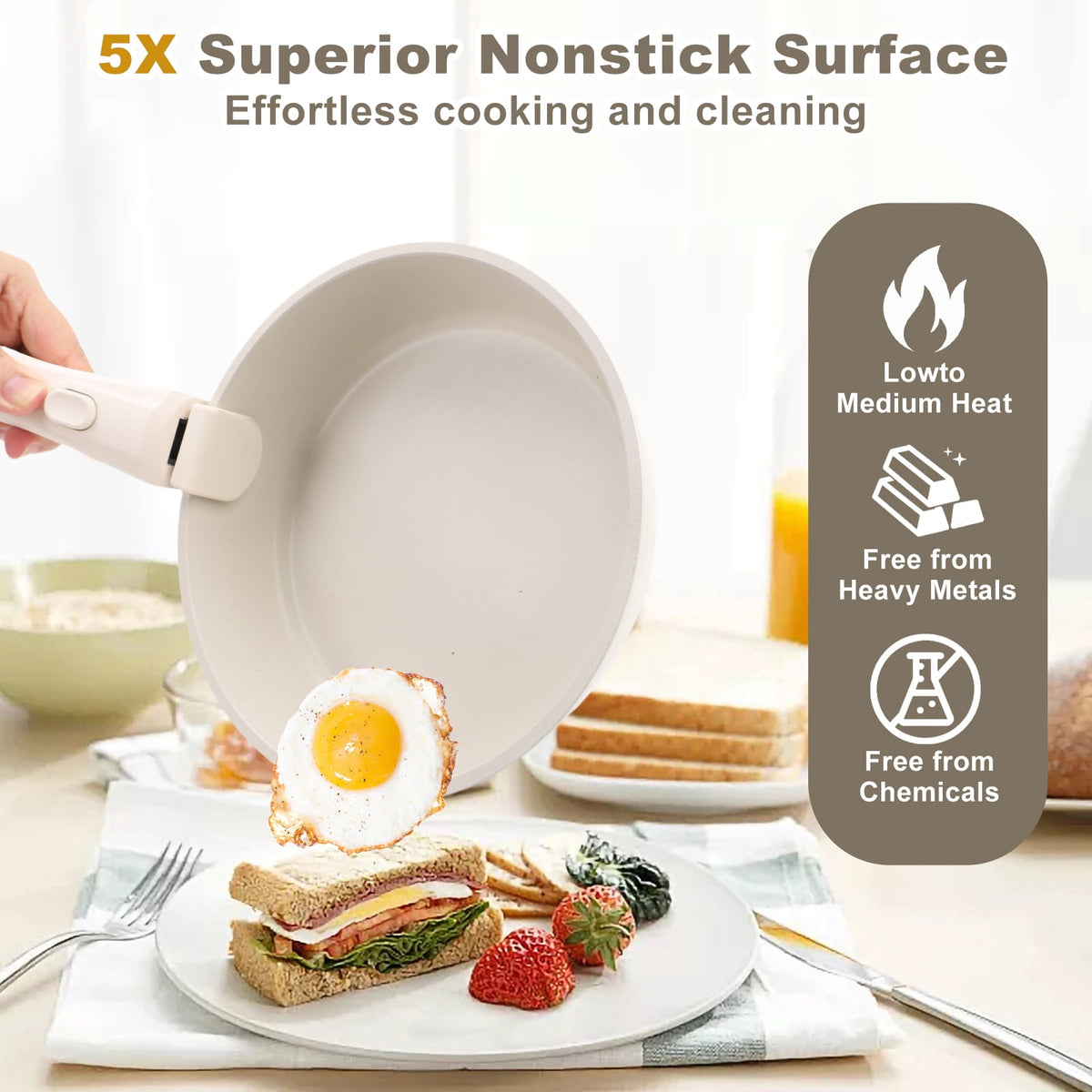 17 Piece Ceramic Pots and Pans Set Non Stick, Cookware Set with Detachable Handle, Oven Safe, Induction Ready, Stackable RV Kitchen Cooking Set Removable Handles, Cream White