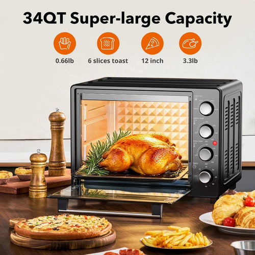 34 QT Super-Large Air Fryer, Electric Toaster Oven Countertop, Pizza, Warm, Broil, Toast, Bake, Air Fry, 1500W, 5 Functions, 85% Oil-Less