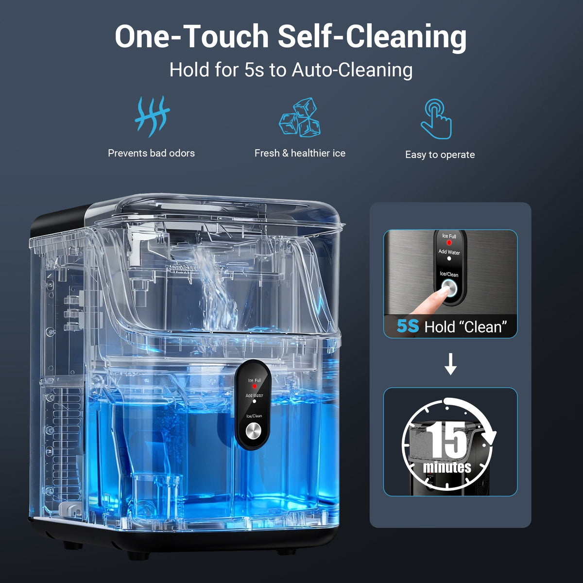 Snowyermine Nugget Ice Maker Countertop, 35 lbs per Day, Soft, Chewable Sonic-Style Pebble Ice, One-Touch Self-Cleaning, Stainless Steel, Black, for Home, Kitchen, Office, RV and Camping