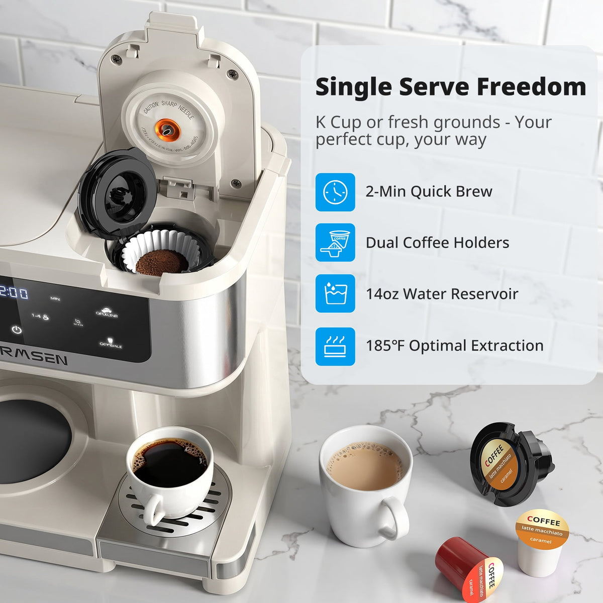 AIRMSEN 12-Cup Drip Coffee Maker with K Cup Combo, Programmable Coffee Machine with 1-4 Cup Setting, Single Serve or Coffee Pot, Auto Shut-off, Spill-Free Spout